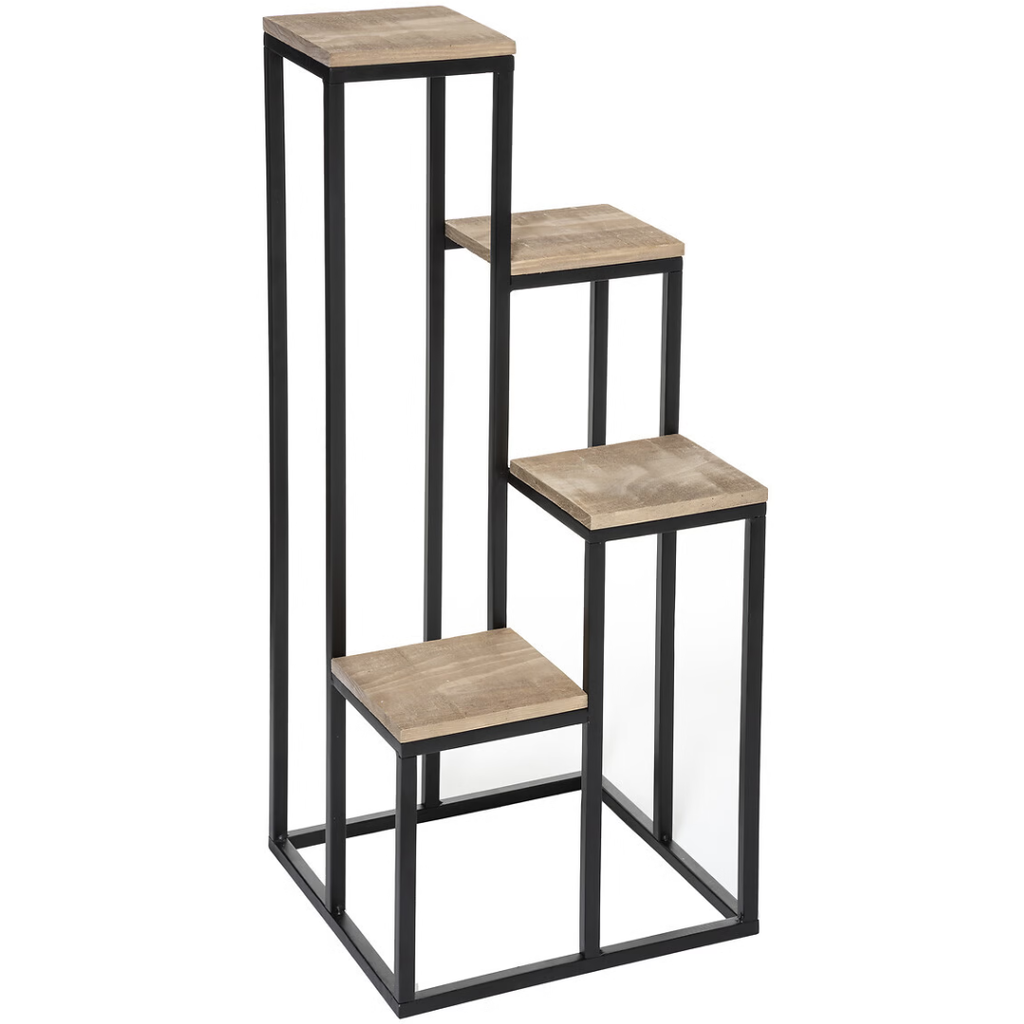 Black Metal & Wood 4-Level Plant Stand