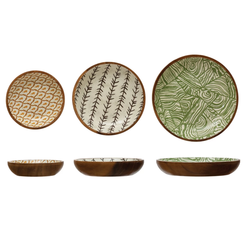 Verdant Enameled Acacia Wood Bowls