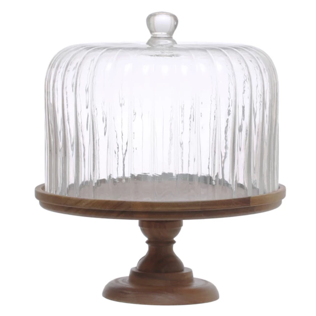 Wood Footed Cake Stand With Glass Cloche