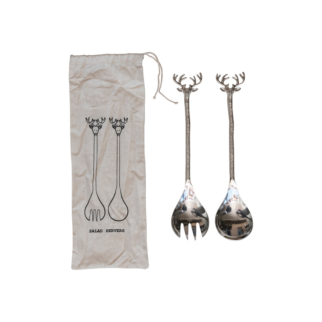 Salad Servers with Reindeer Handles Stainless Steel & Brass 2pc