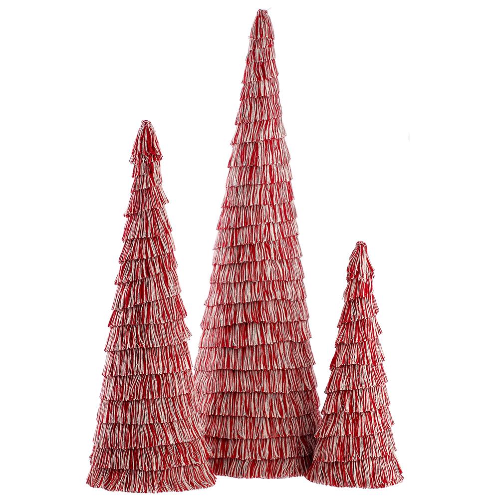 Cotton Fringe Cone Topiart Red Cream 3pc 12-14in