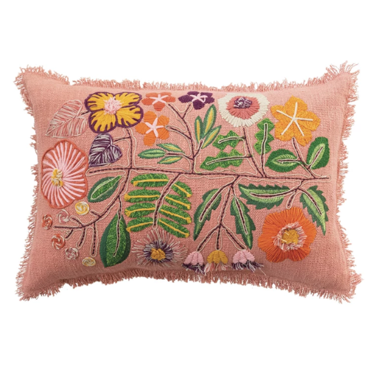 Flowers Embroidered Pillow 24x16in