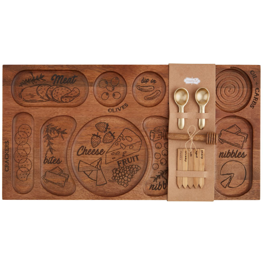 Mango Wood Engraved Charcuterie Set 9pc 22x11.5in