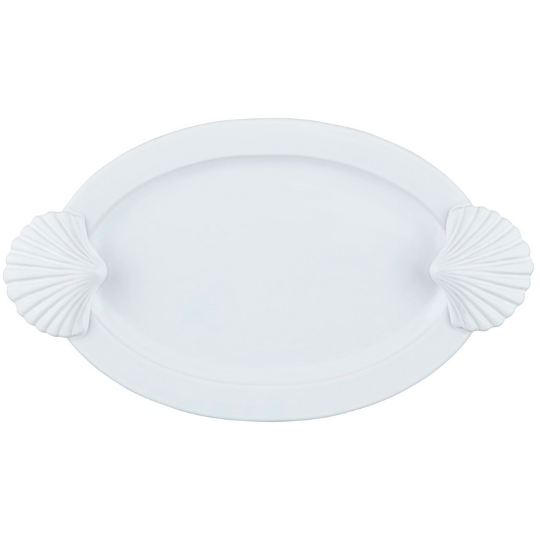 Milk Glazed Fan Shell Handle Platter 19.25x10.875in