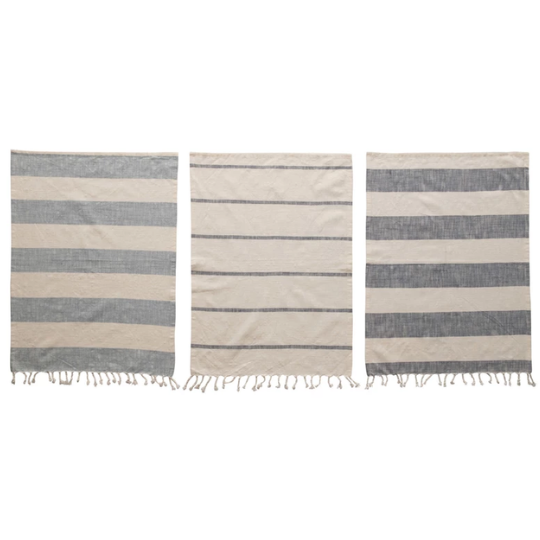 Cotton Striped Kitchen Towels With Fringe Blue & White 3pc