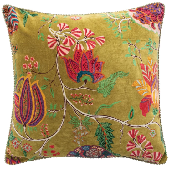 Flowers Velvet Pillow With Pom Pom Trim 20x20in