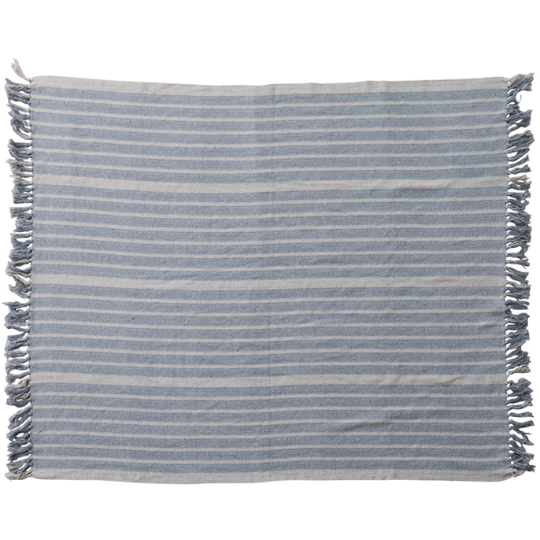 Striped Cotton Throw With Fringe Blue Natural 60x50in