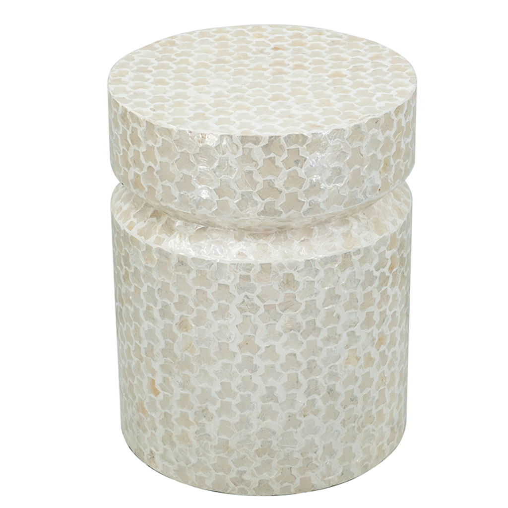 Round Accent Stool with Capiz Finish White 14inx18in
