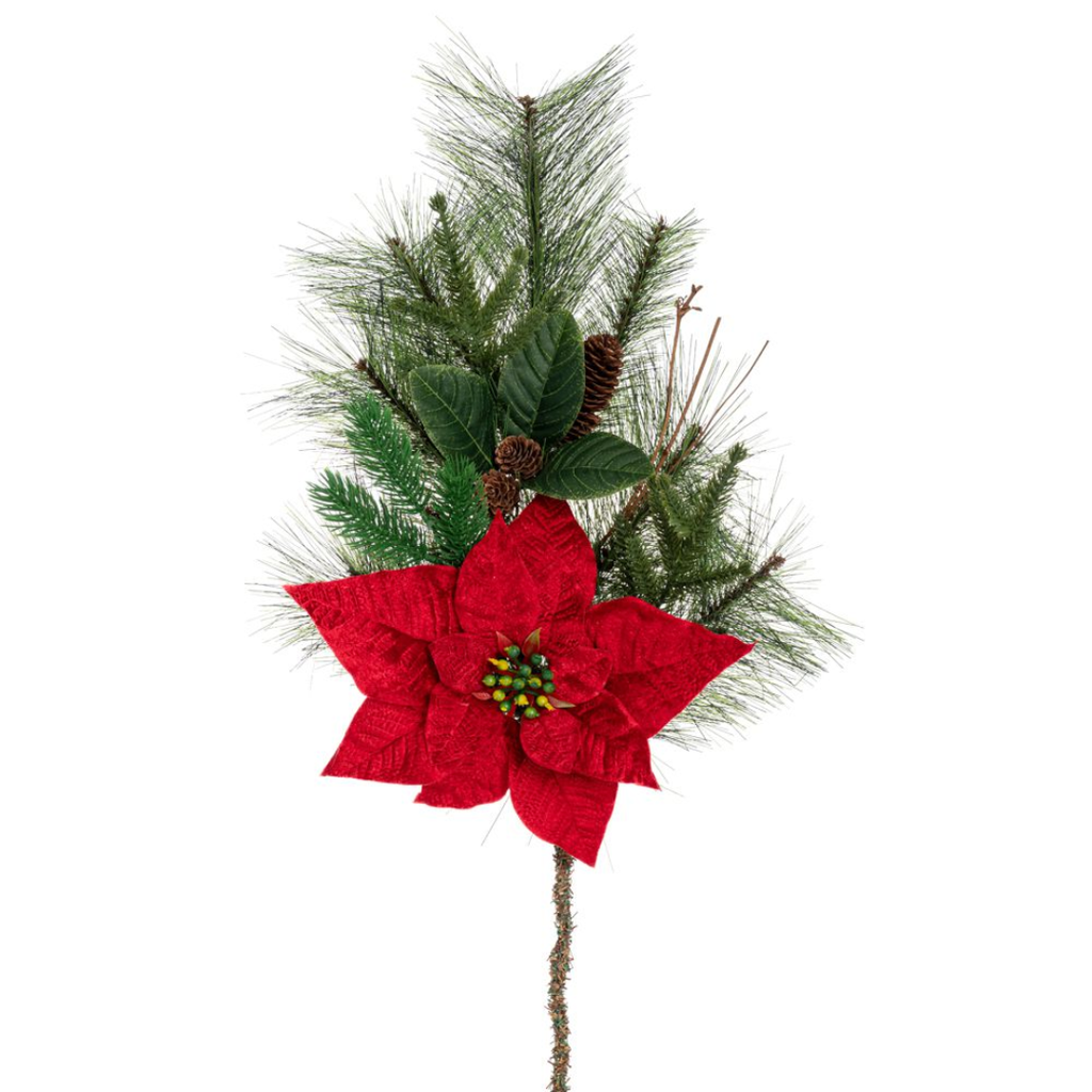 Branch with Pine Cones and Poinsettia Red 28in