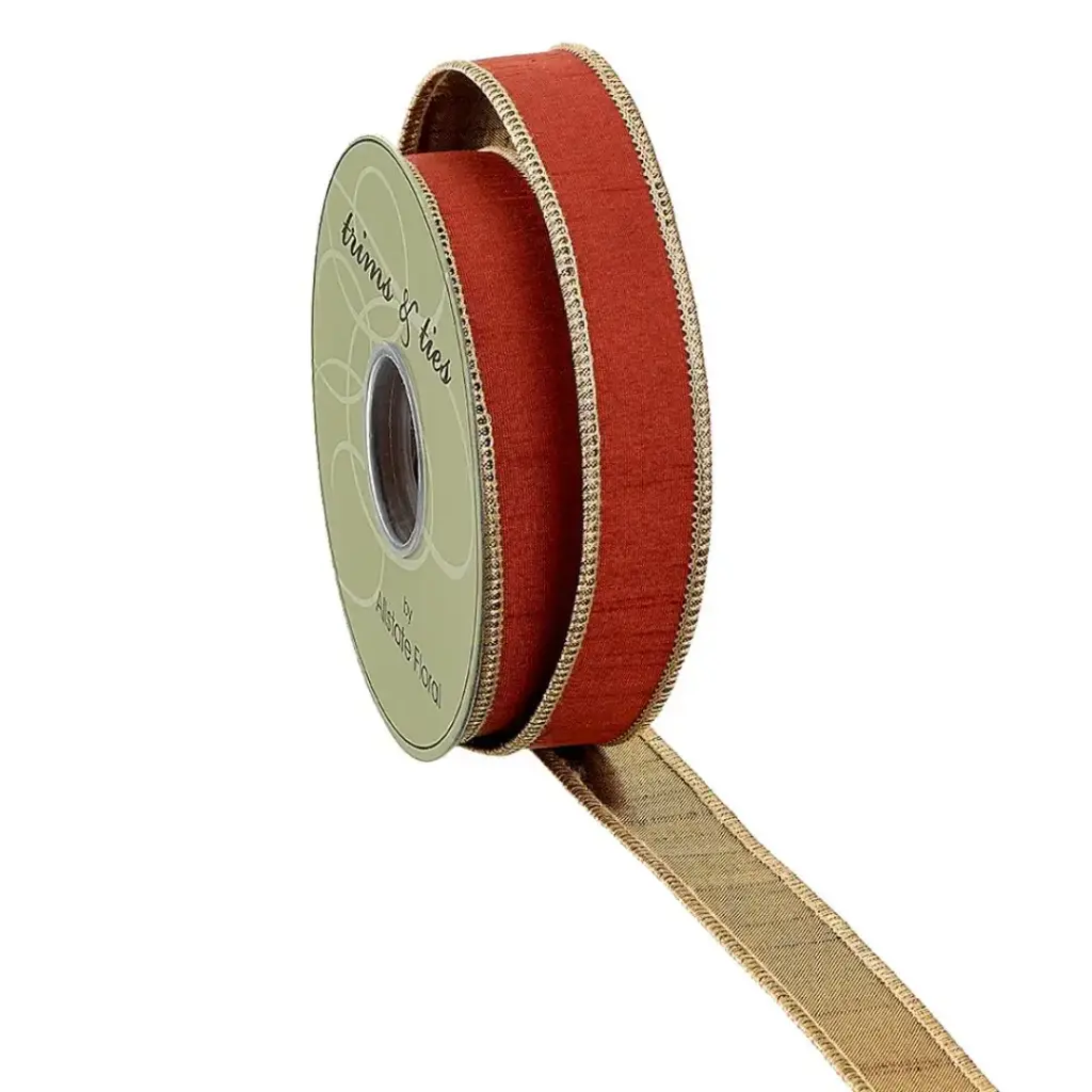 Metallic Fused Dupion Ribbon Burgundy and Gold 1in 10yd