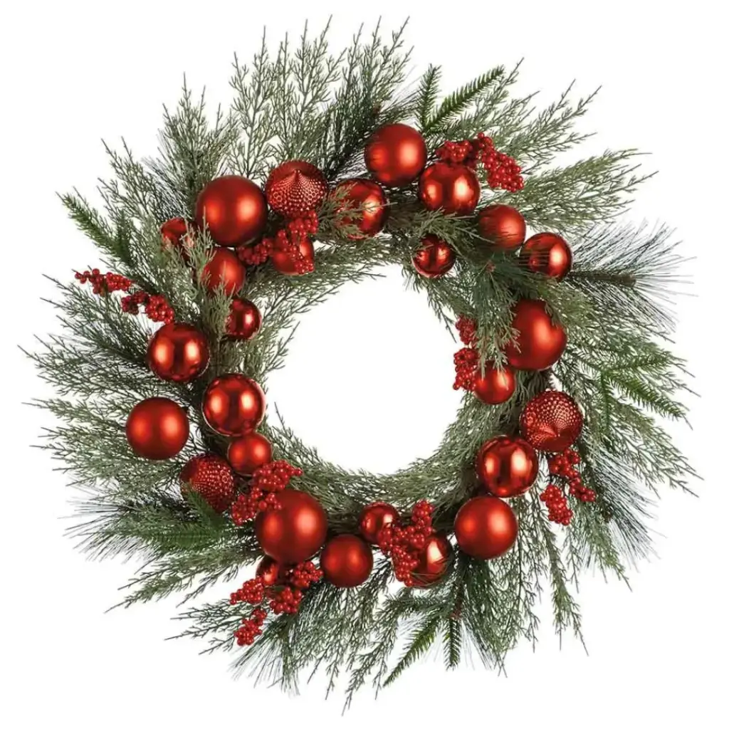Pine Wreath with Berries and Ball Ornaments Red 26in