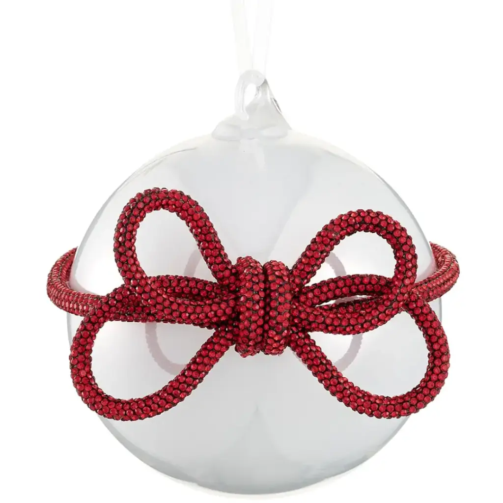 Glass Ball Ornament with Diamond Bow Red 4in