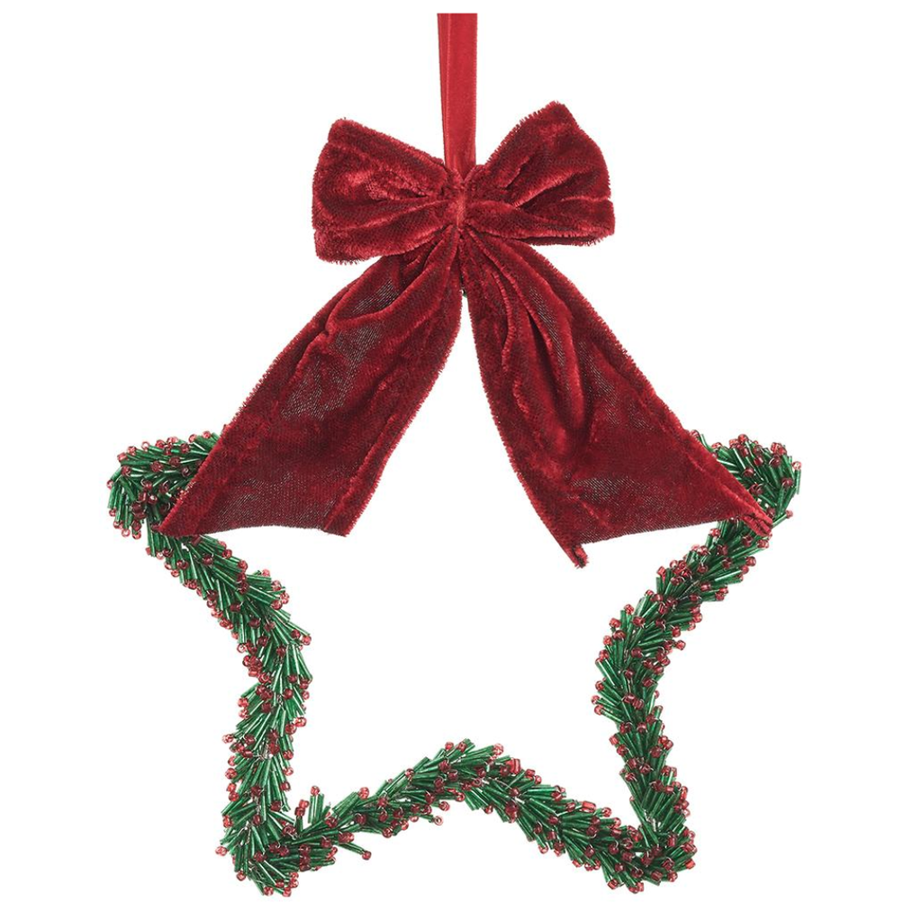 Beaded Star Ornament with Bow Green and Red 8in