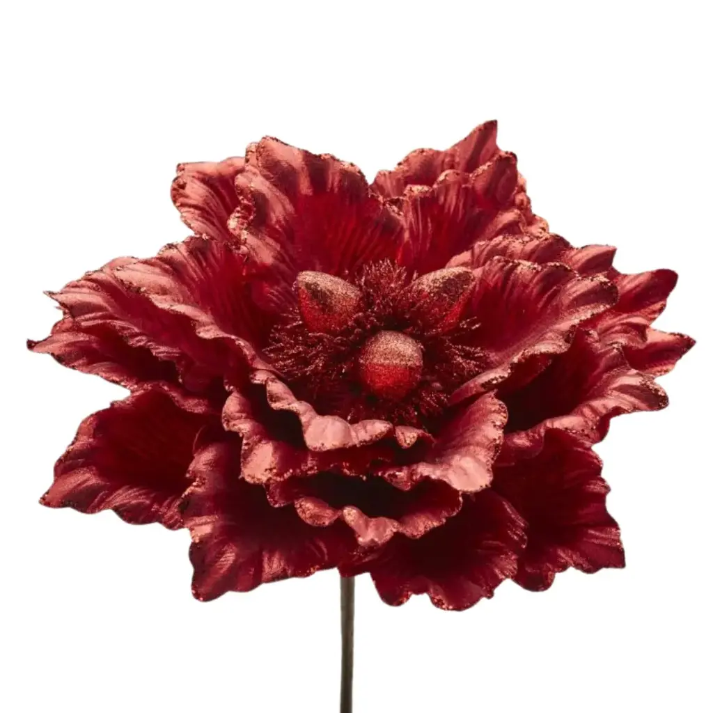 Glittered Magnolia Pick Red 11in