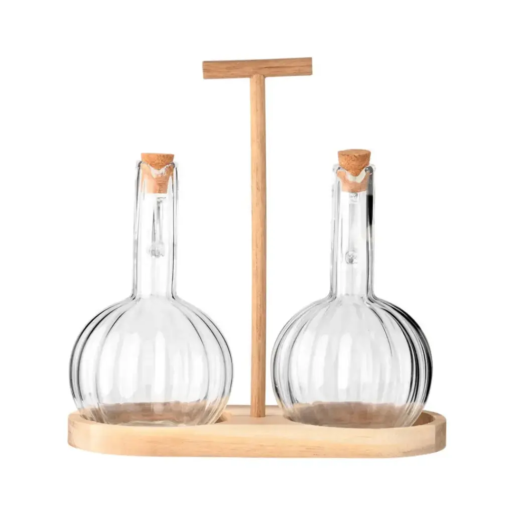 Allure Glass Oil & Vinegar Set with Wood Base 3pc