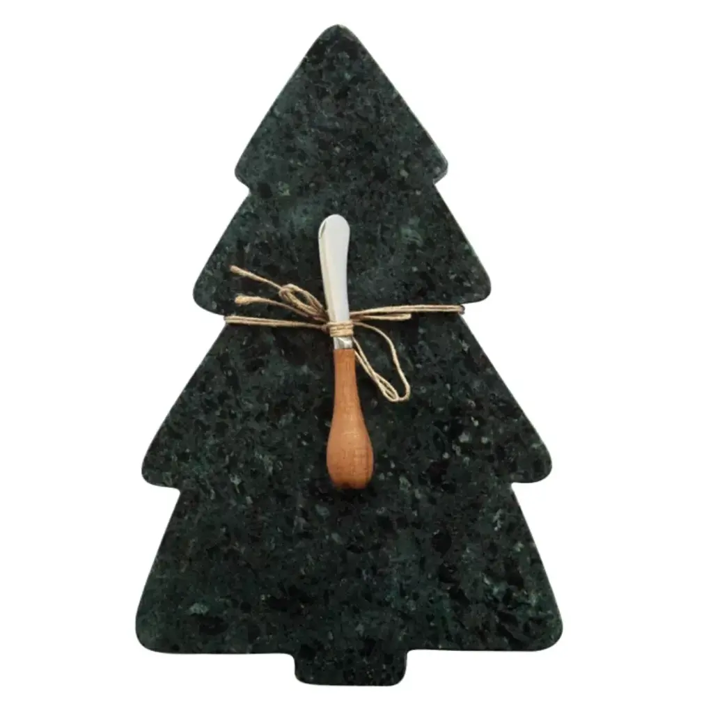 Marble Christmas Tree Serving Board with Mango Wood Canape Knife Green 14in