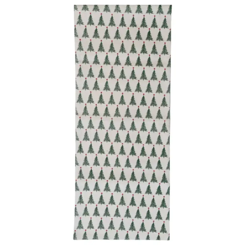 Stonewashed Cotton Table Runner with Christmas Trees Natural 72inx14in