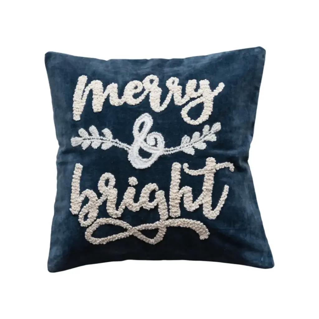 Cotton Velvet "Merry & Bright" Embroidered Pillow Navy & White 18in