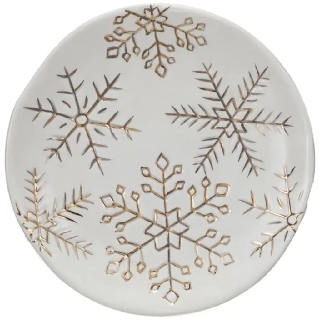 Stoneware Plate with Gold Electroplated Snowflakes White 6in 