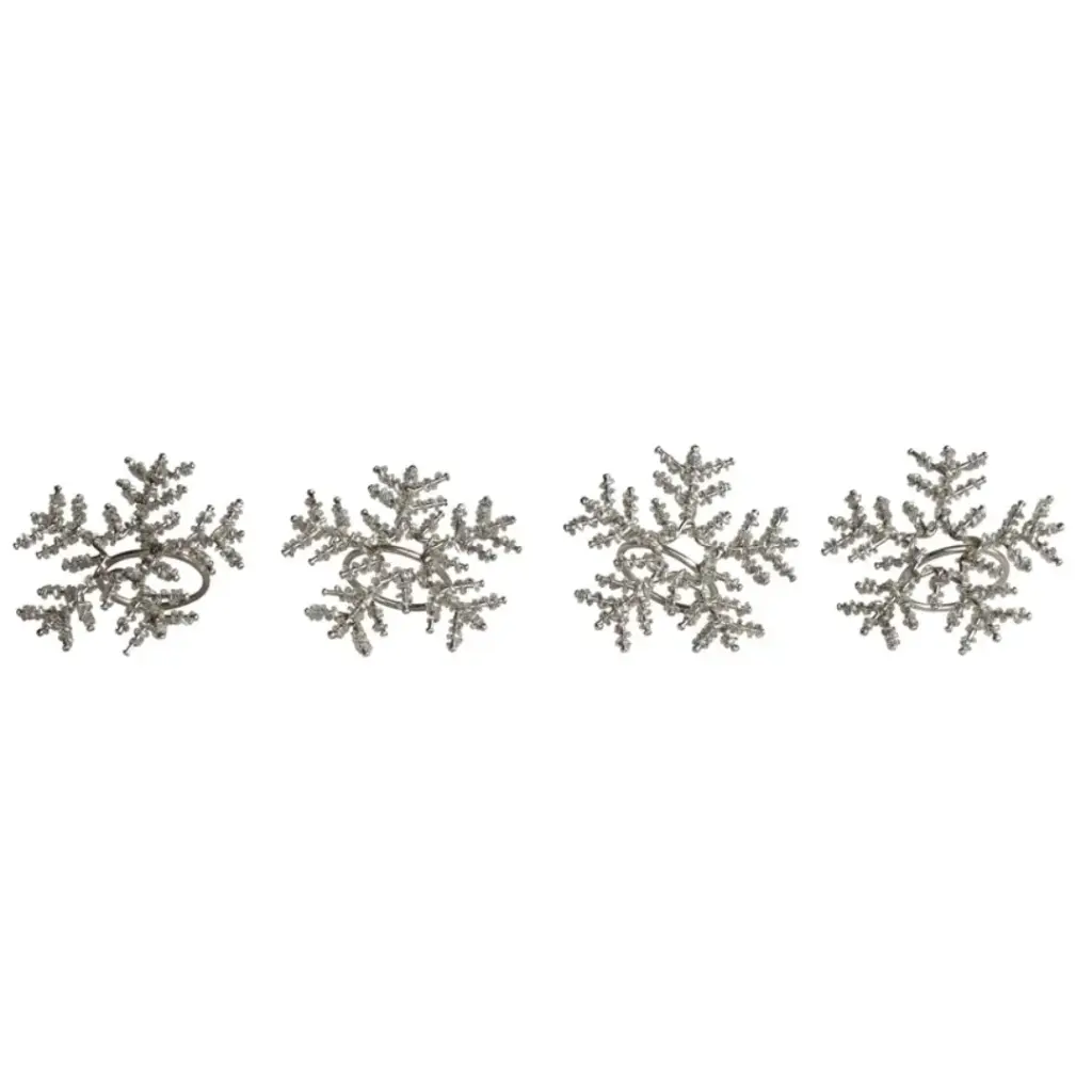 Metal & Glass Beaded Snowflake Napkin Rings Silver 4pc
