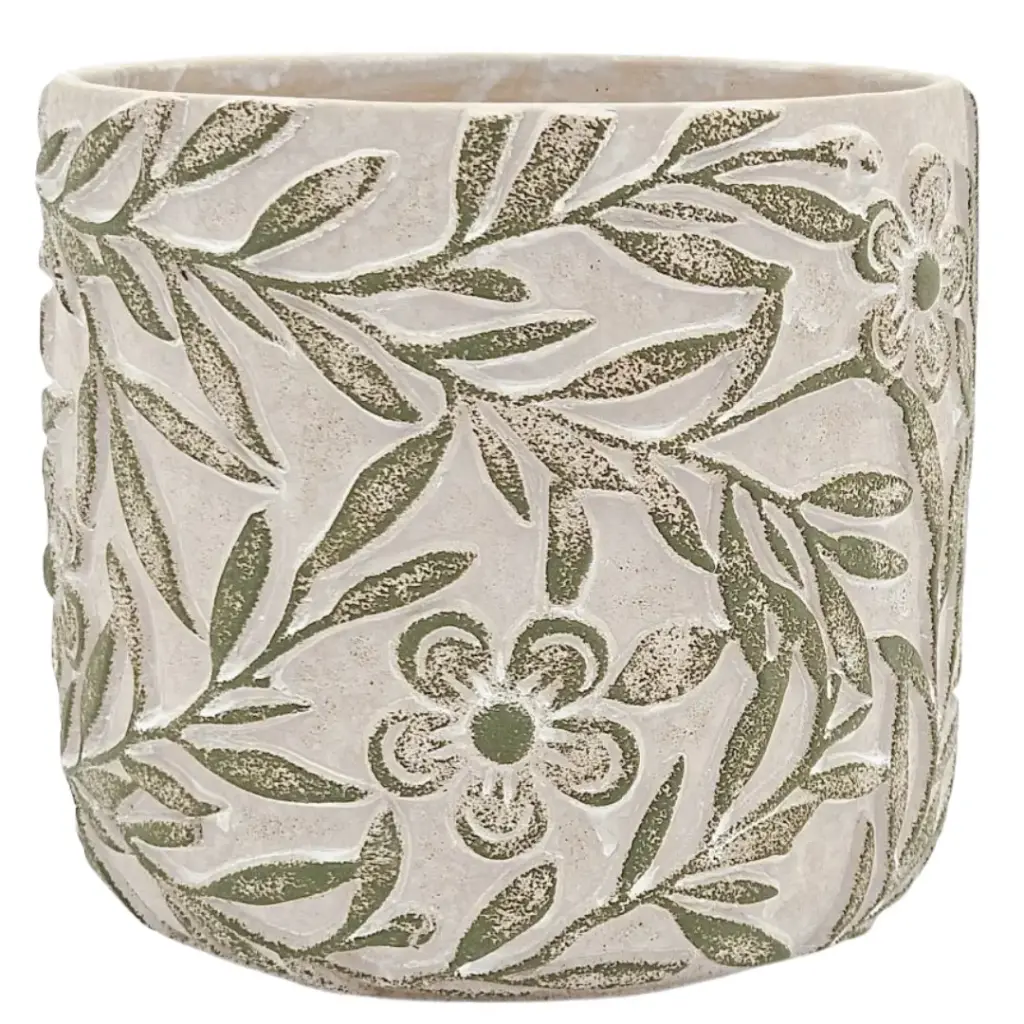 Motif Planter Grey with Green Floral Design 6.5in