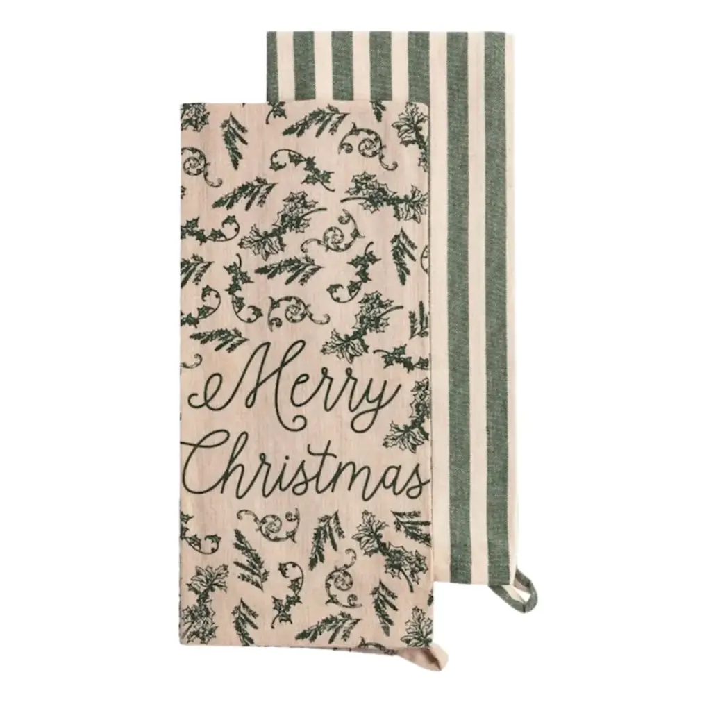 White Christmas Pine Sprig Kitchen Towel Set 2pc 