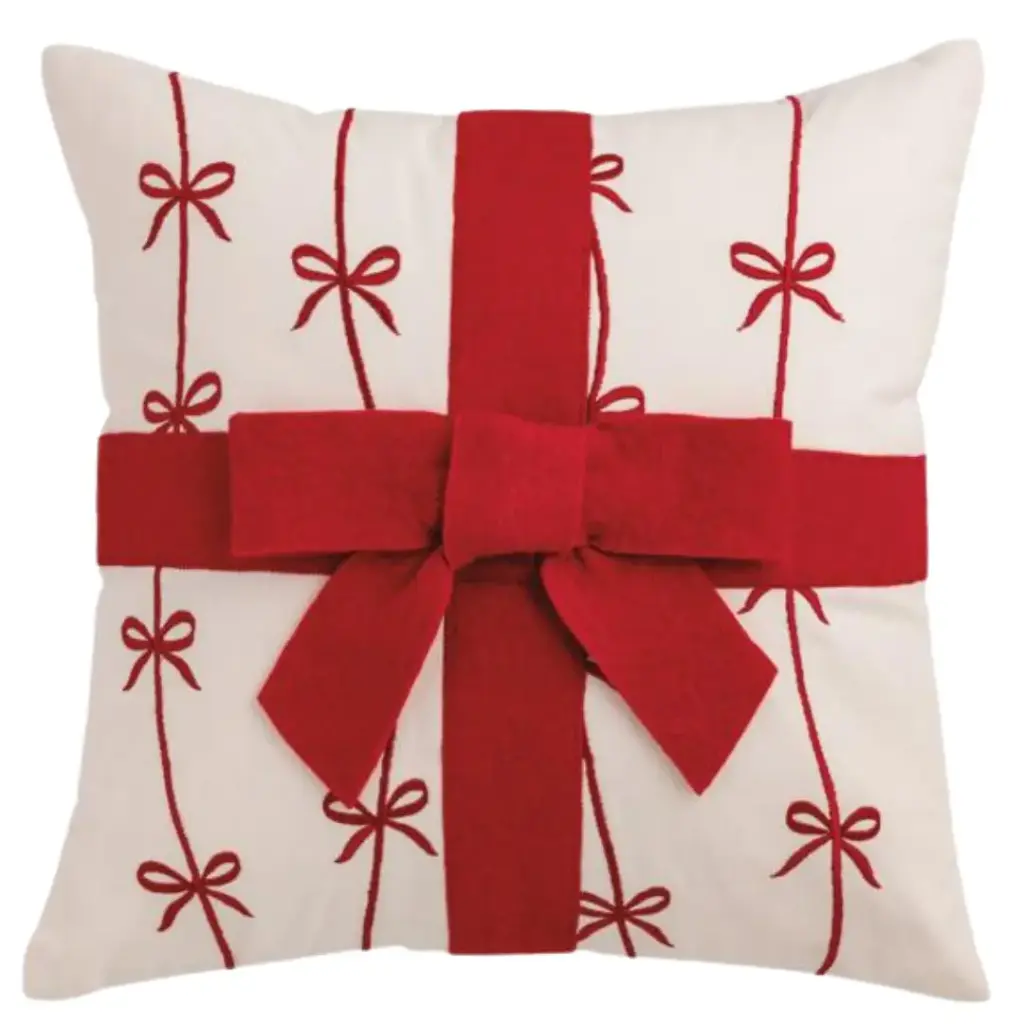 Red Bow Felted Wool Pillow 18x18in