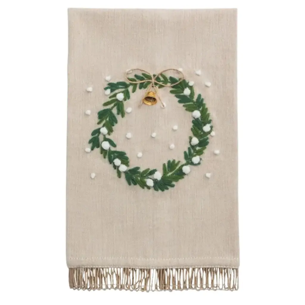 White Christmas Embroidered Wreath Towel 