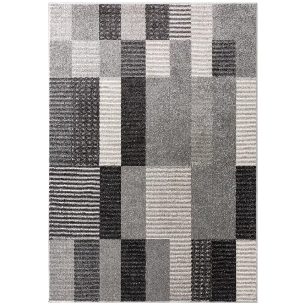 Grey Beige Charcoal Squares Rug 5.3×7.7ft