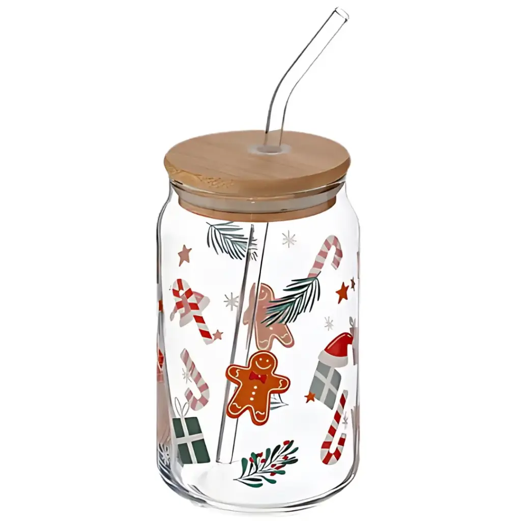 Festive Glass Tumbler with Straw 480ml