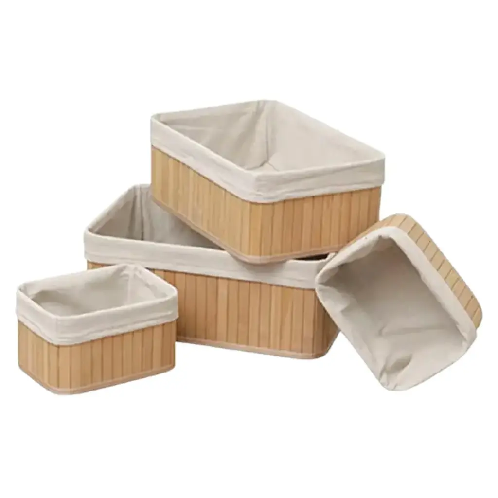 Bamboo Storage Baskets Lined Set 4pc 