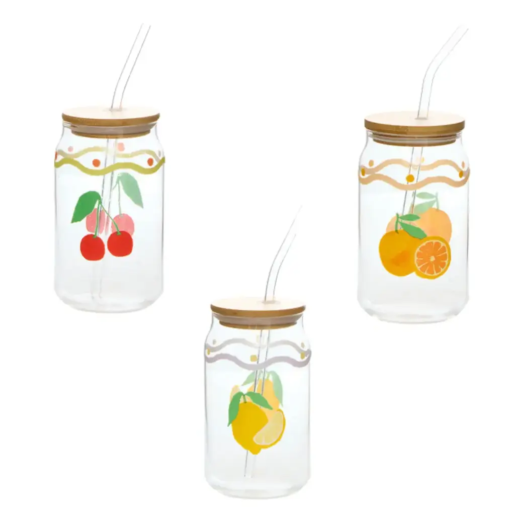 Glass Tumbler Fruit Print with Straw 520ml
