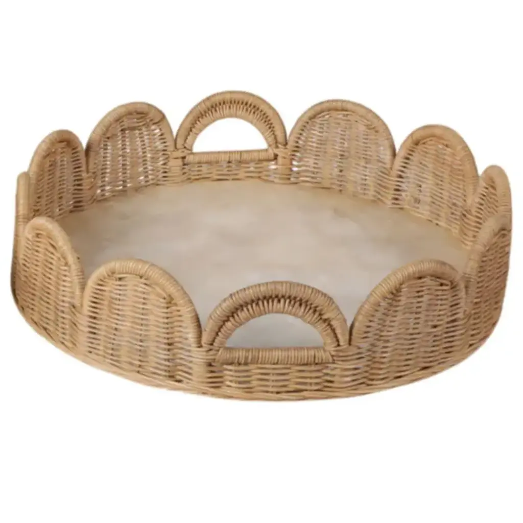 Woven Scallop Tray with Capiz Bottom Ivory Tan 20in