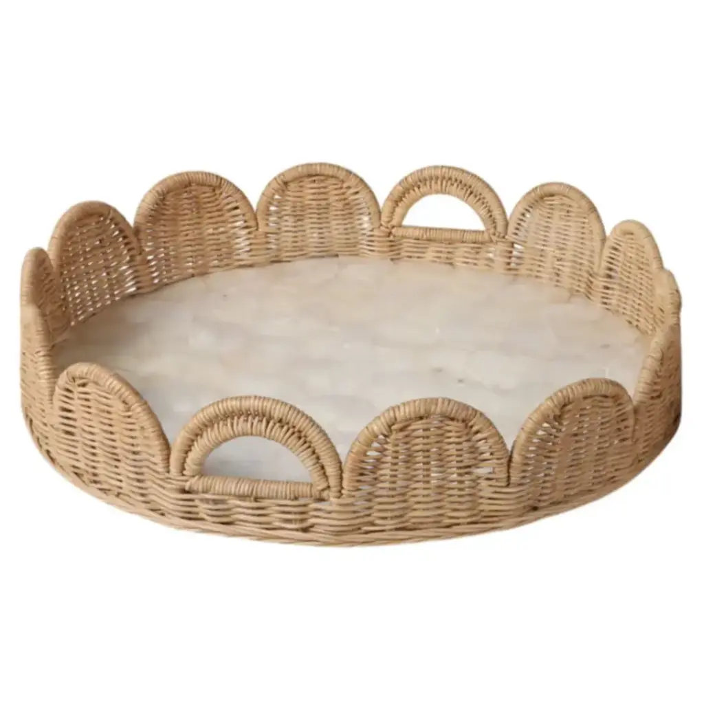 Woven Scallop Tray with Capiz Bottom Ivory Tan 24in