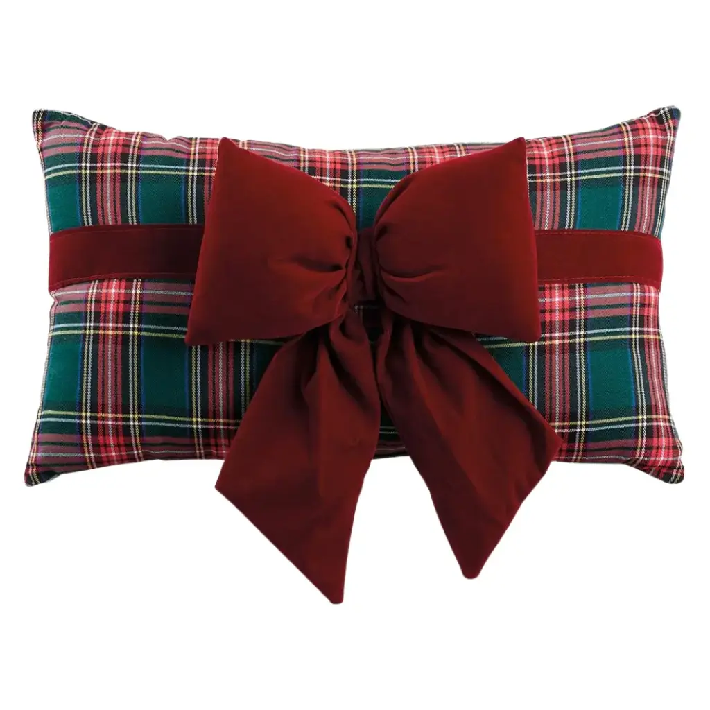 Plaid Pillow with Velvet Bow Red & Green 8x18.5in