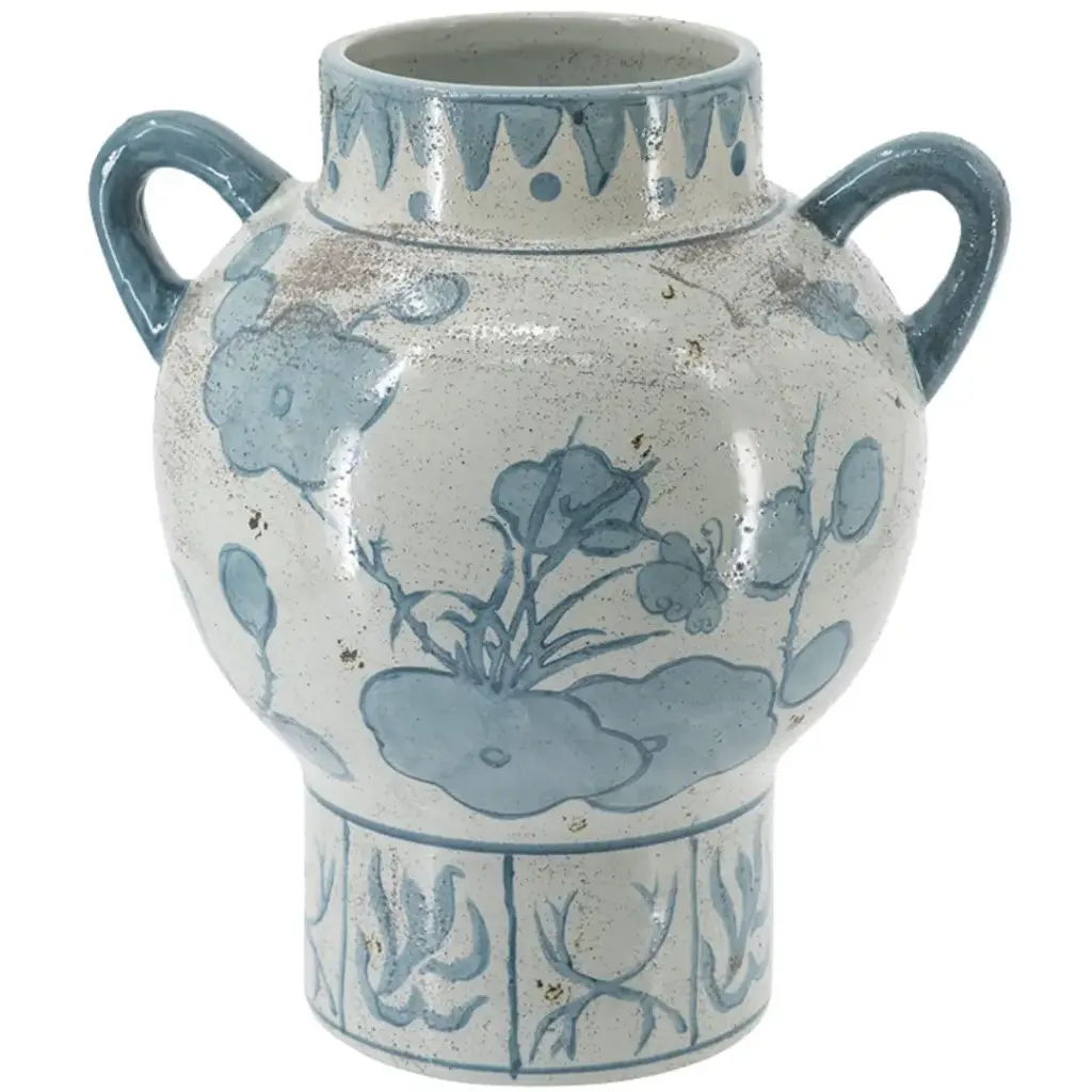 Floral Ceramic Vase With Handles Blue & White 9.5in