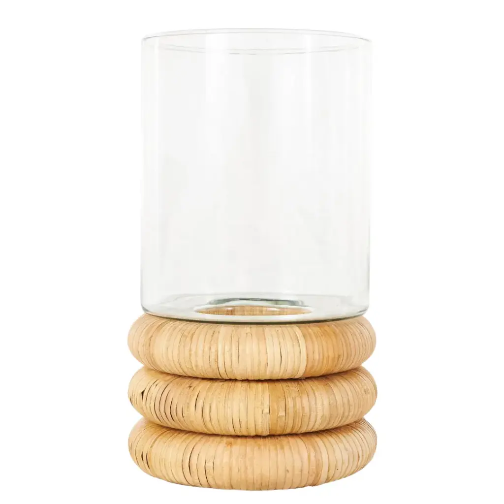 Glass Hurricane With Rattan Base 13in