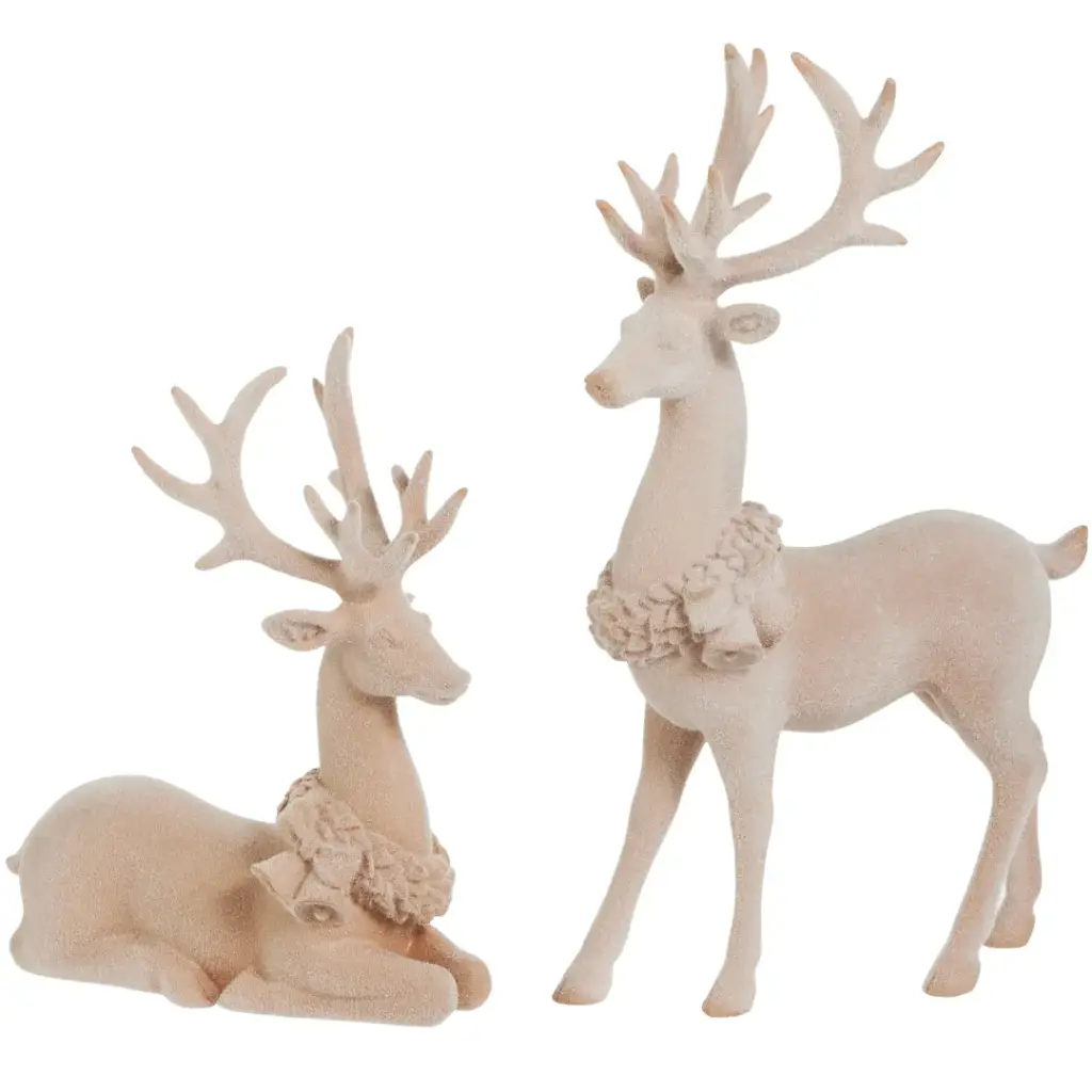 Flocked Deer Set Beige 13in 2pc