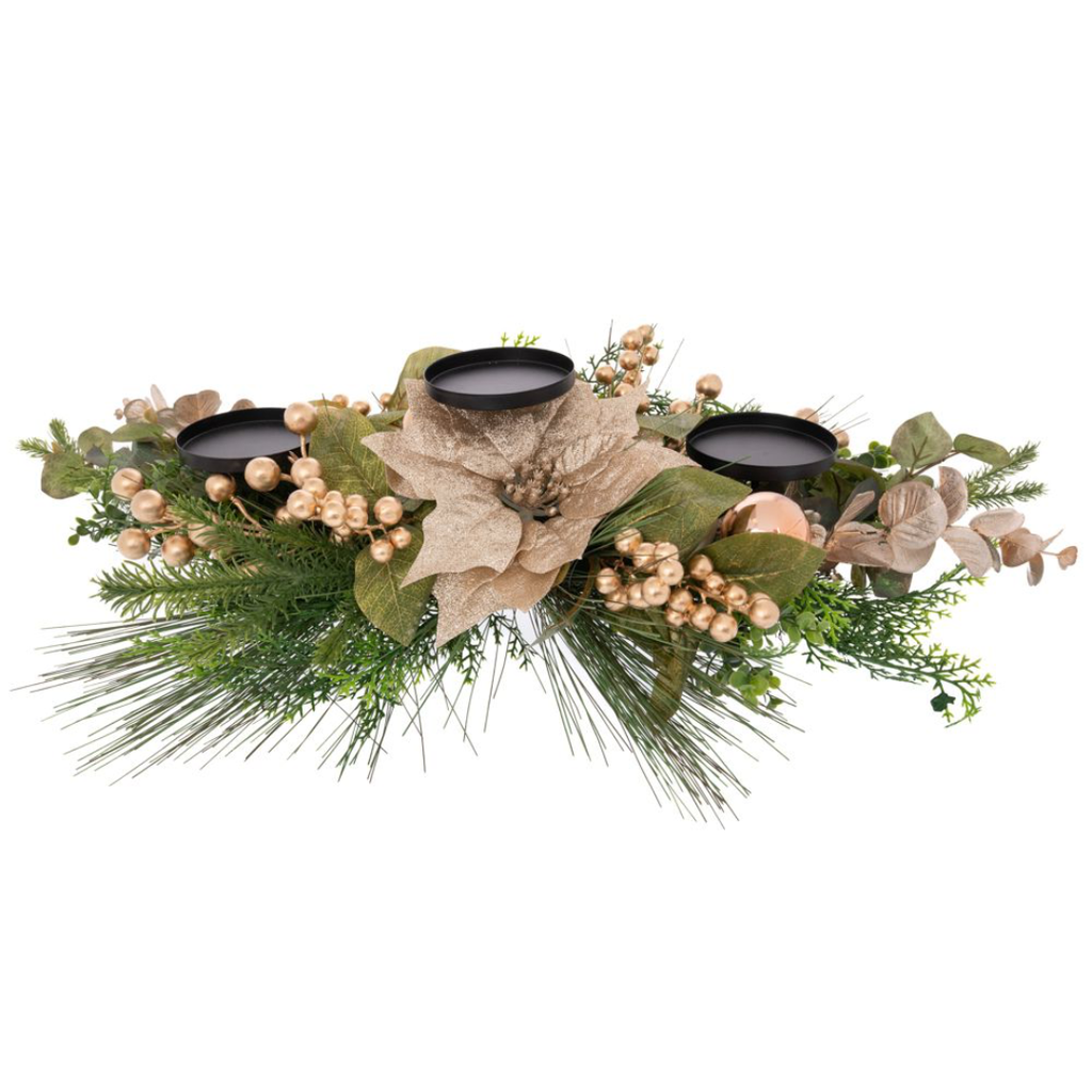 Candle Holder with Poinsettia and Baubles Champagne & Silver 30in