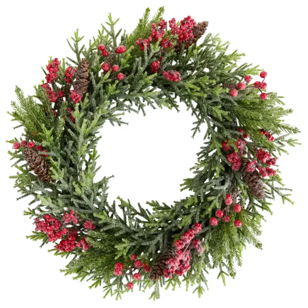 Iced Cedar Wreath with Red Berries 24in