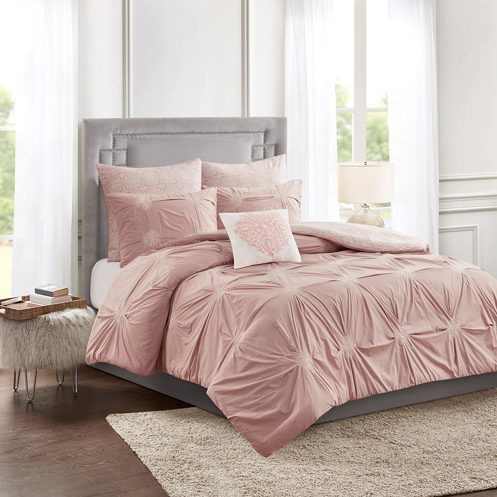 Malia Queen 6-Piece Embroidered Reversible Comforter Set Blush