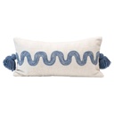 Embroidered Blue Bolster Pillow w Tassels 24"L x 12"H