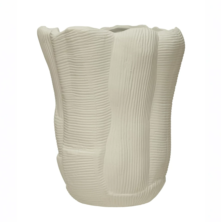 Ruffled Stoneware Vase with Debossed Lines 12in