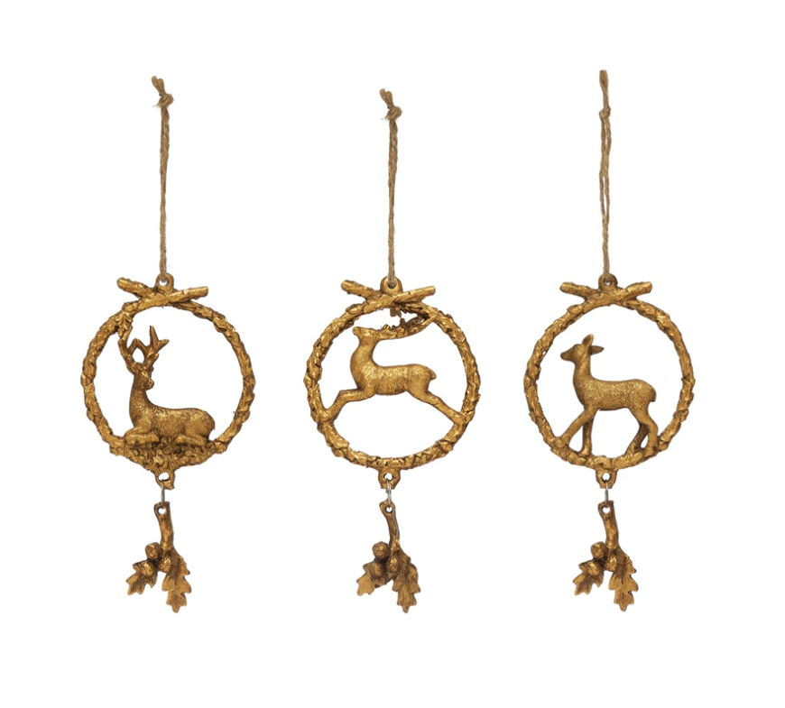 Gold Wreath Ornament with Deer and Holly 5in