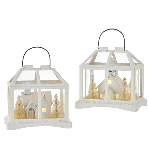 Lighted White Churches in Lantern Ornament 4.25in