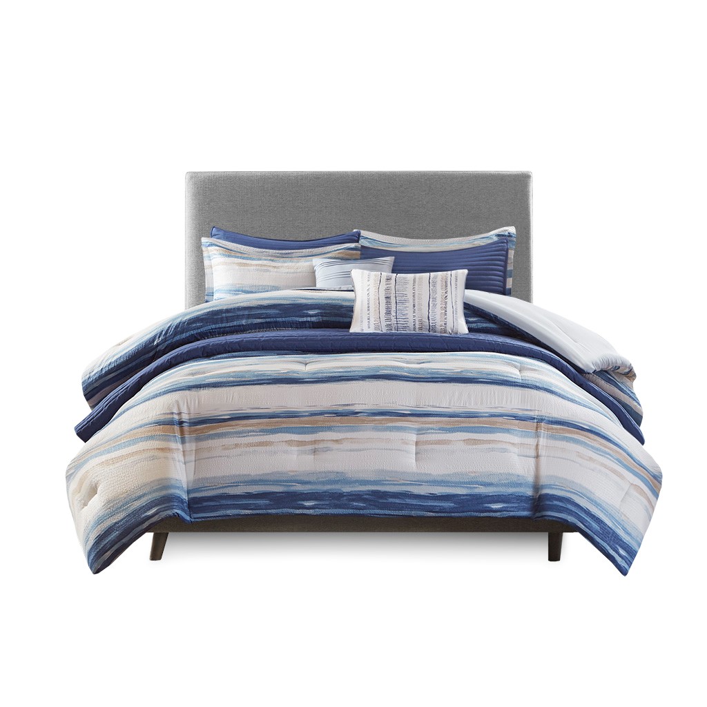 Marina 8 Piece Printed Seersucker Comforter and Coverlet Set King Collection Blue