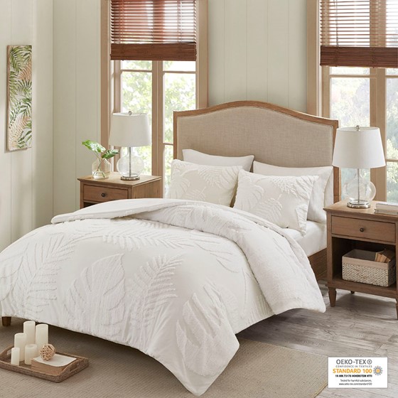 Bahari Tufted Cotton Chenille Palm Comforter Queen Set Off White 3 pc
