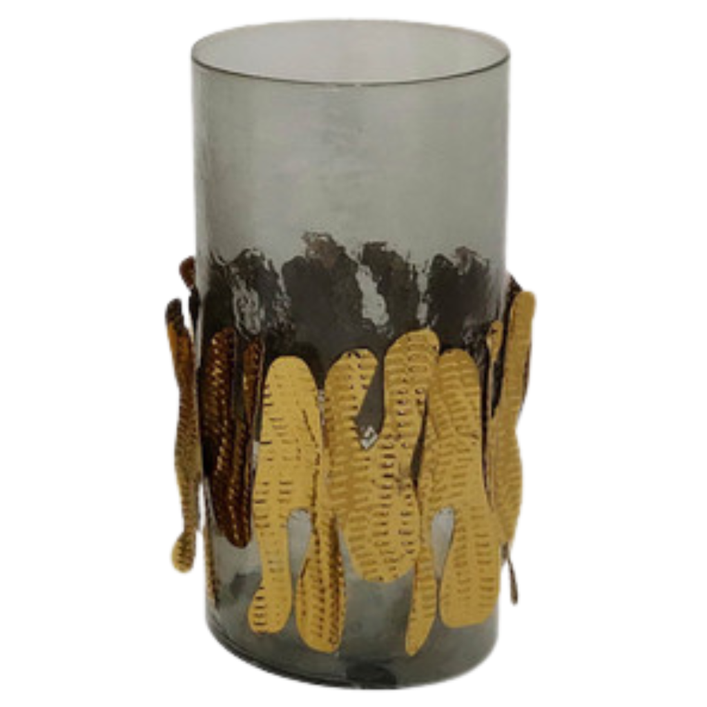 Glass Candleholder with Metal Detail Gray 10in