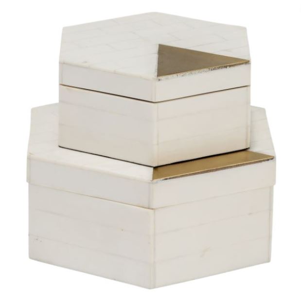 Resin Hexagon Box with Brass Inlay White Gold 7in