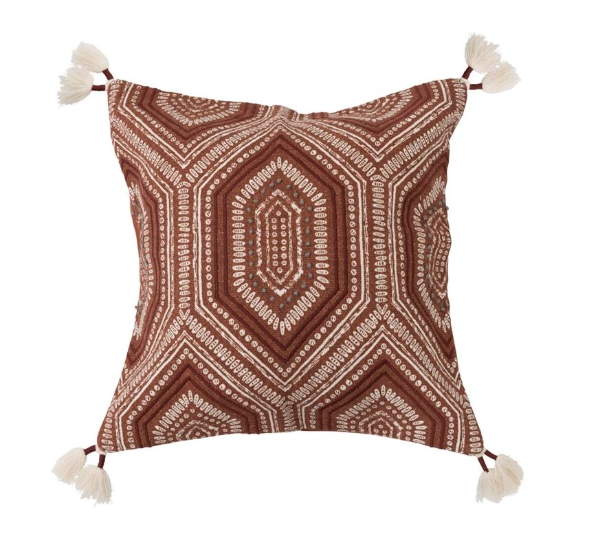 Embroidered Pillow w/ Tassels 18in